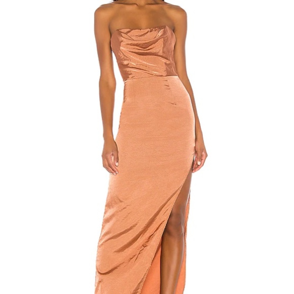 Superdown Strapless Satin Wedding Guest Dress in Y2K quiet luxury Copper NWT